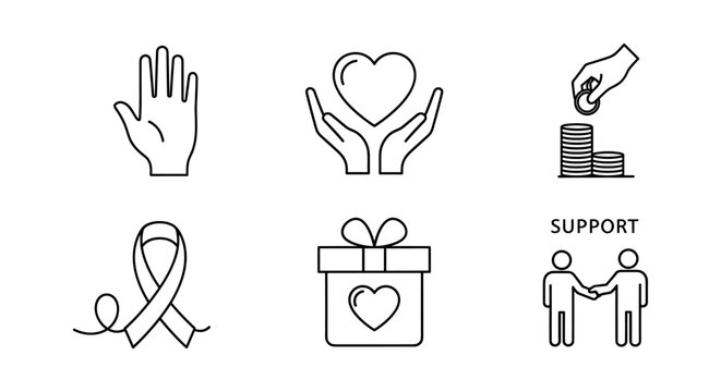 Charity and support icons in linear style for fundraising and awareness