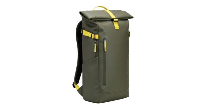 Isolated trendy olive green backpack, modern shoulder bag with yellow strap on light backdrop