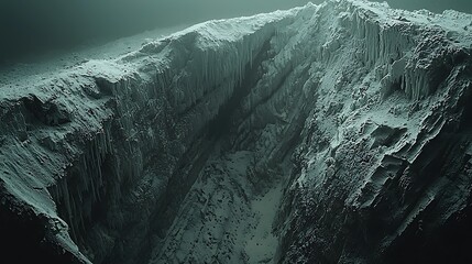 Dramatic aerial view of a deep icy canyon with jagged frozen rock formations and crevasses under a muted sky