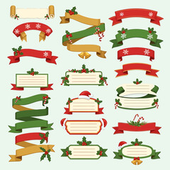 A festive collection of Christmas banners, ribbons, and labels decorated with holly, snowflakes, and bells for holiday design projects