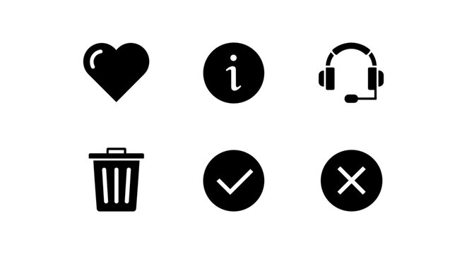 Essential user interface icons: heart, info, headset, trash, check, cross