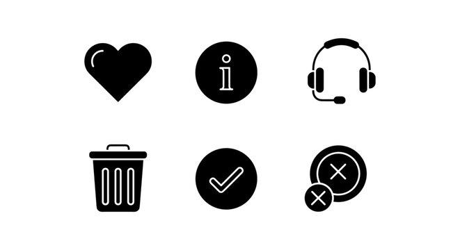 Essential black icons set for user interface design: heart, info, headset, trash, check, cancel