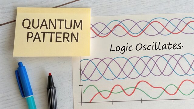 Quantum Pattern with Logic Oscillations Graph on Paper Surrounded by Colorful Markers and Sticky Note on Wooden Table
