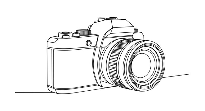 Black and white linear drawing of a classic film camera