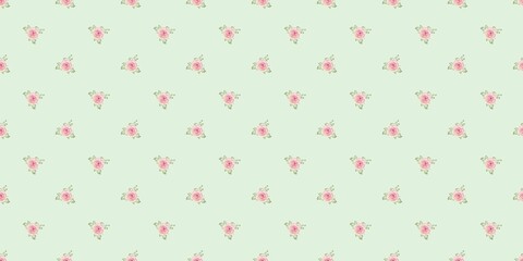 A minimalist, seamless pattern featuring small, scattered, hand-painted style pale pink rose clusters and green leaves. The delicate floral design repeats on a clean green background, perfect for 