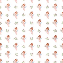 Seamless pattern featuring cute baby cupids with wings holding soft pink rose bouquets, surrounded by delicate floral elements on a white background. Perfect for Valentine’s designs, textiles