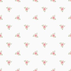 A minimalist, seamless pattern featuring small, scattered, hand-painted style pale pink rose clusters and green leaves. The delicate floral design repeats on a clean white background, perfect for eleg