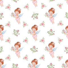 Charming seamless pattern featuring cute baby cupids with wings holding soft pink rose bouquets, surrounded by delicate floral elements on a white background. Good  for Valentine’s designs, textiles
