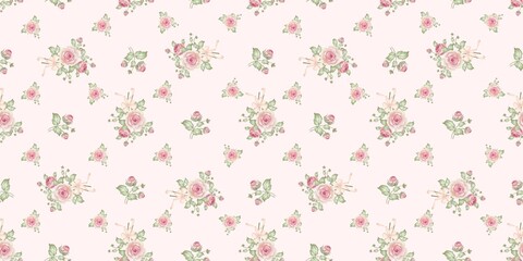 Elegant seamless floral pattern with soft pink roses, delicate green leaves, and gentle pastel bows on a clean pink background. Perfect for textiles, gift wrap, wedding stationery, vintage decor, and
