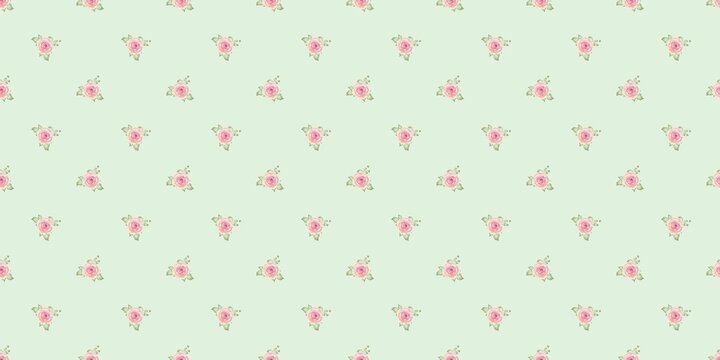 A minimalist, seamless pattern featuring small, scattered, hand-painted style pale pink rose clusters and green leaves. The delicate floral design repeats on a clean green background, perfect for