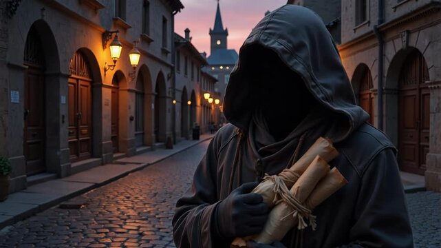 Mysterious hooded traveler journeys through Joppa's ancient streets at dusk, carrying sacred scrolls seeking religious wisdom. 4K video footage.