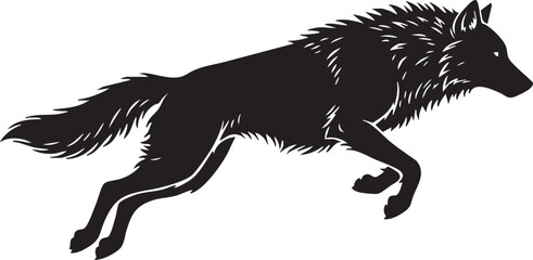 Dynamic black wolf silhouette in mid leap isolated on transparent background