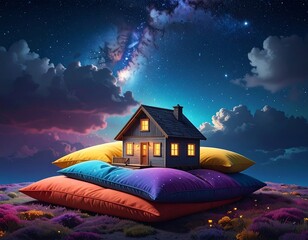 Surreal digital art of a cozy house resting on pillows amidst a vibrant night sky and landscape