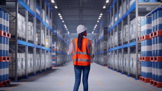 Back of Asian Female Engineer Looking At Blueprint In His Hands While Walking at Warehouse Aisle with Chemical or Oil Barrels on Pallet Racking