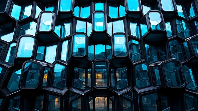 Modern architectural facade with geometric honeycomb pattern blue glass windows, showcasing contemporary design and reflections.