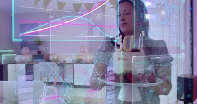 Woman carrying 30 cake walking into living room, placing cake, tech charts HUD tinting birthday