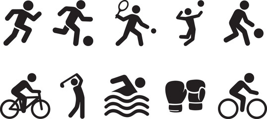 Sport icon set in silhouette style featuring multiple athletic symbols on white background.
