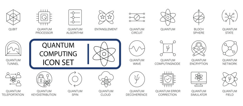 Quantum Computing Line Icon Set. Qubit, Entanglement, Quantum Processor, Algorithm, Circuit, Simulation, Error Correction, and Key Distribution.