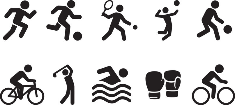 Sport icon set in silhouette style featuring multiple athletic symbols on white background.