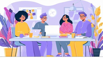Four diverse colleagues collaborating in a modern office meeting with laptops and plants, flat illustration. - Powered by Adobe