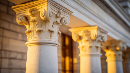 ionic. A neoclassical colonnade illuminated by sunset, capturing timeless architectural elegance. inspiring travel planning.