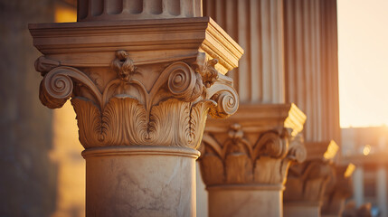 ionic. A neoclassical colonnade illuminated by sunset, capturing timeless architectural elegance. inspiring travel planning.