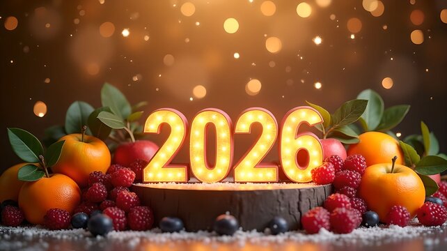 Fruity New Year banner 2026 surrounded by bright fruits creates a festive atmosphere