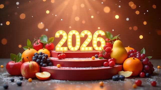 Fruity New Year banner 2026 surrounded by bright fruits creates a festive atmosphere