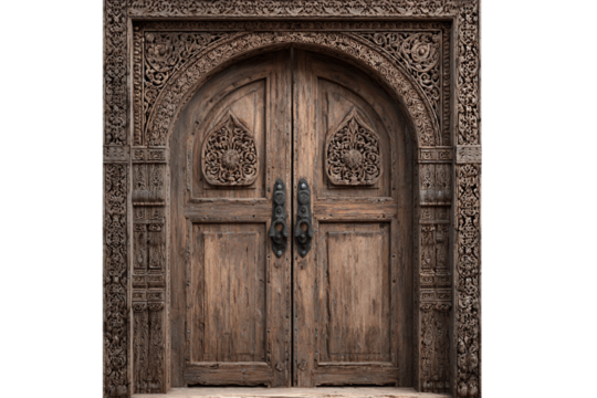 Vintage carved wooden door isolated on transparent background