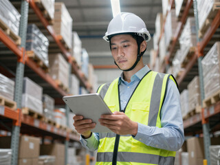 Fototapeta premium Warehouse worker using a digital tablet for inventory management