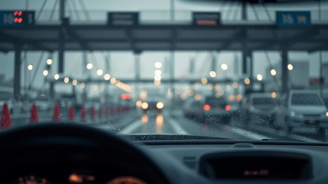 Cars move slowly toward a toll station on a rainy day, seen from inside a vehicle with raindrops on the windshield.