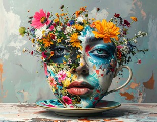 Surreal digital art of a floral face emerging from a teacup, whimsical and colorful