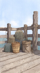 Explore the Serenity of a Coastal Dock: A Captivating Still Life with Baskets and Fishing Nets Bathed in Natural Light
