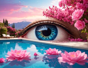 Surreal digital art of a giant eye peering over a pool with floating flowers and floral landscape