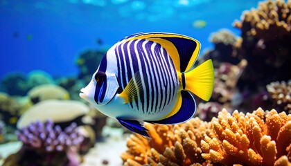 Colorful Angelfish Swimming Over Coral Reef with Underwater Scene.