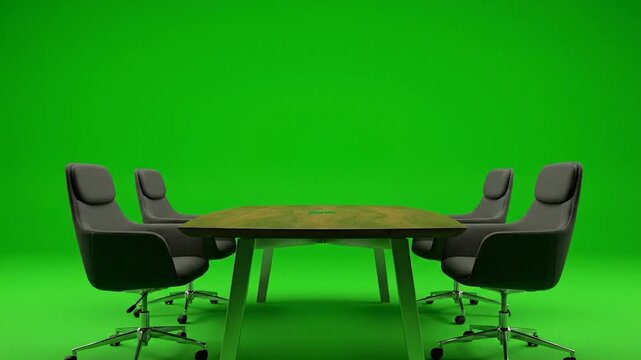 Modern conference room setup with four chairs, a wooden table, and green background