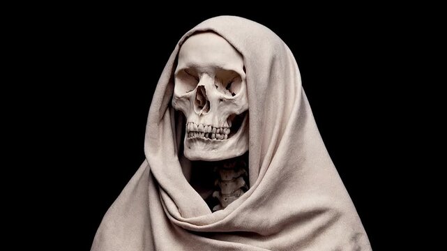 Evocative video showcases a hooded figure with a skull beneath creating a chilling mysterious atmosphere that blends symbolism tension and dramatic storytelling through striking visual composition