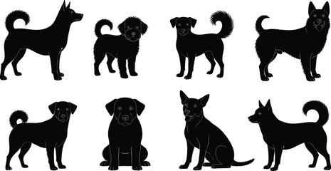 Eight Black Dog Silhouettes Set, Various Breeds and Poses, Standing, Sitting, and Puppy Pet Animals, Vector Illustration Collection for Veterinarian or Adoption.