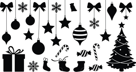 Extensive set of black Christmas silhouette vector icons, ornaments, snowflakes, hanging stars, bows, gift box, candy canes, stockings, and decorated pine tree, holiday design elements collection.