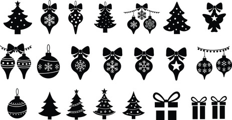 Extensive set of Christmas black silhouette icons, featuring decorated pine trees, ornaments with bows and snowflakes, plus wrapped gifts, perfect for holiday greeting cards and winter season graphic