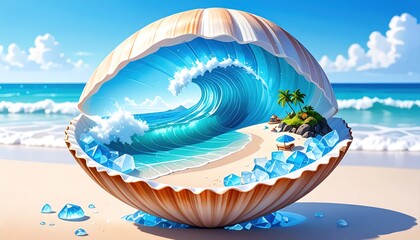 Beach scene inside a seashell with ocean wave and island.