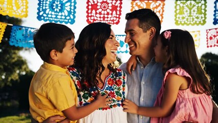 Joyful family portrait under colorful festive banners embracing and laughing outdoors