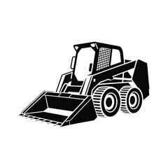 Naklejka premium A black and white illustration of a compact skid steer loader with a bucket attachment.