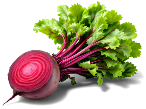 A vibrant halved beet with concentric rings of deep red and white, paired with a whole beet still adorned with its lush green leaves and crimson stems, isolated on transparent background