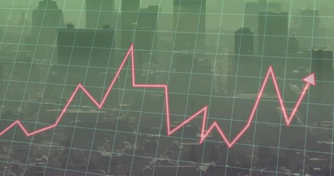 Pink zigzag line entering from left, peaking, plunging, rebounding across green grid, showing trend