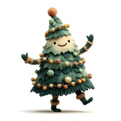 Cartoon tree is dressed up in a Christmas outfit and is dancing. The tree is wearing a hat and is surrounded by Christmas lights