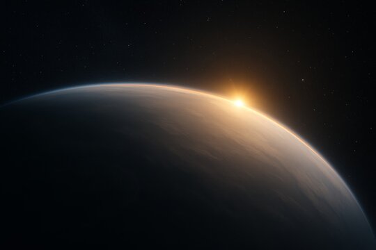 Sunrise over a planet viewed from space with glowing horizon and stars in the dark sky, cosmic atmosphere and futuristic space exploration concept. Ai generative