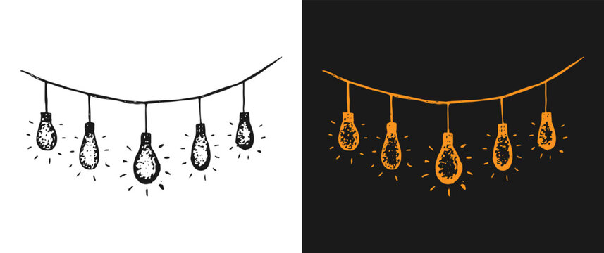 String of glowing light bulbs, fairy lights vector hand drawn decoration.