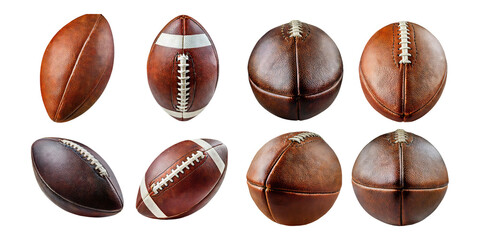 Collection of eight american footballs and rugby balls in various shades of brown and white isolated on transparent background