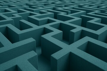 Abstract teal labyrinth structure with geometric walls, viewed from above at an angle, symbolizing difficult choices and complex decision paths. Ai generative